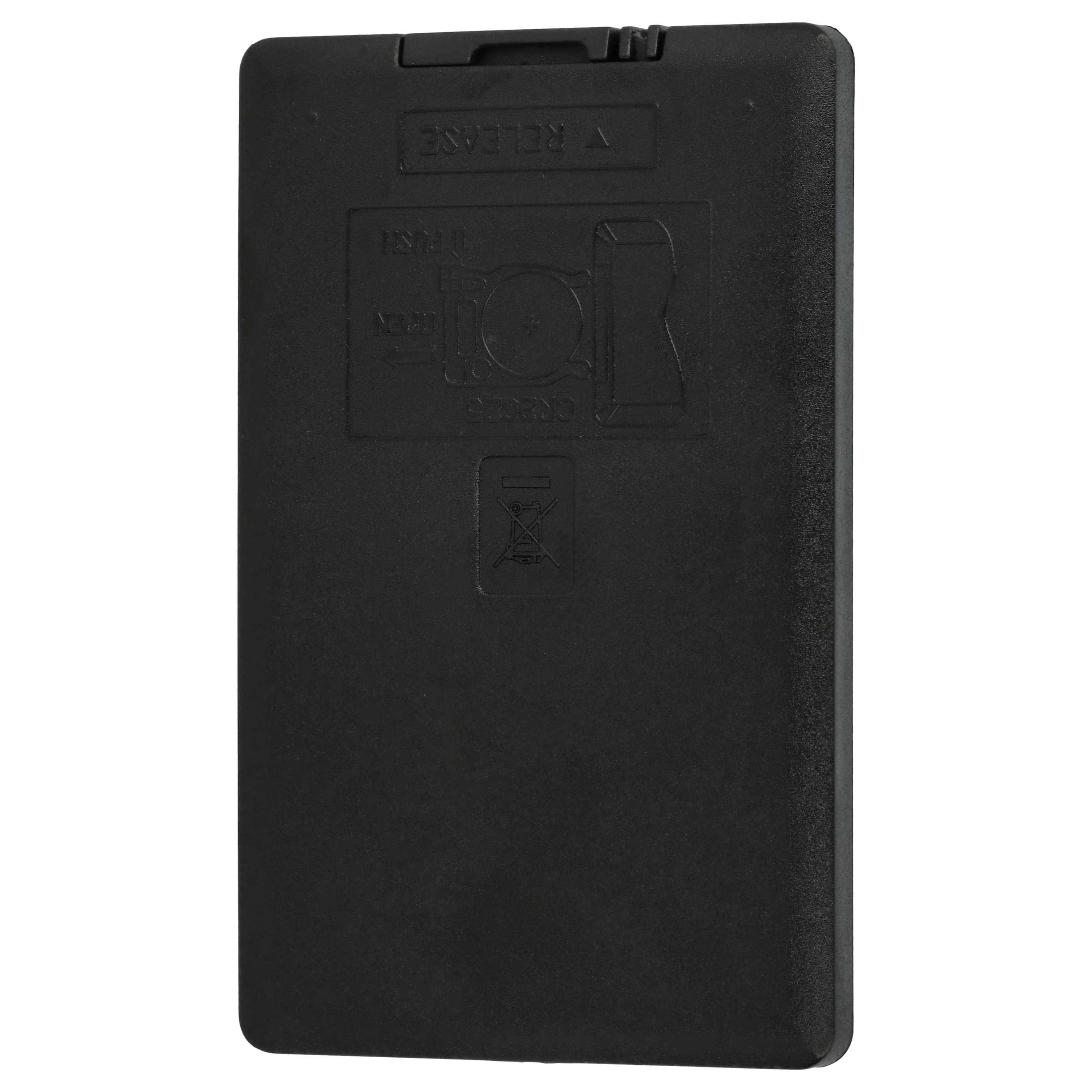 Schwarze Kunststoff-Batteriebox oder Gehäuse mit erhabenen Markierungen und einem oberen Verschluss, in Frontansicht auf weißem Hintergrund dargestellt.