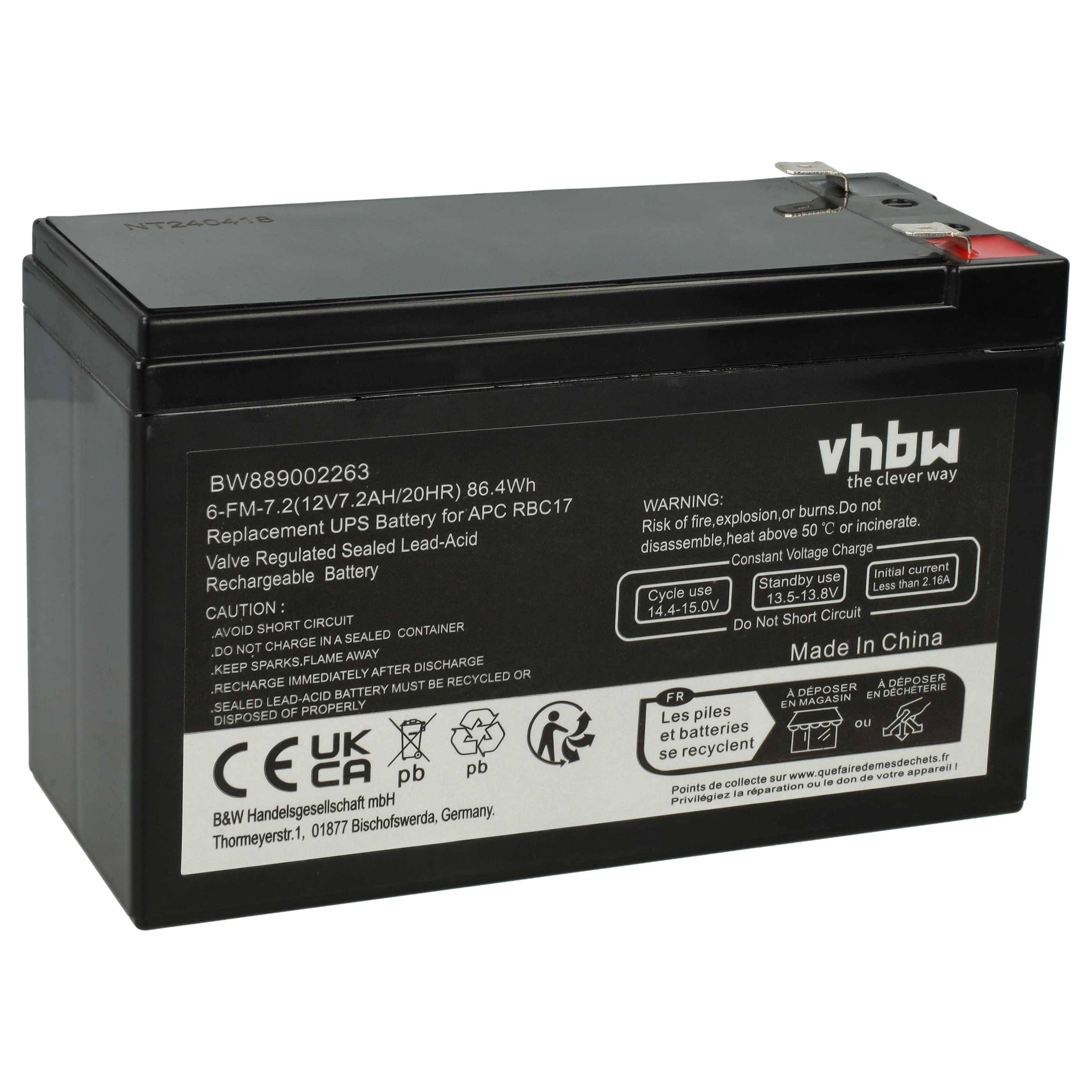 vhbw Akku kompatibel mit APC BE700-SP, DL650T, BE700-UK, BE750G, BE725BB, BE750G-CN, BK650EI, BK650-AS, BP700UC, BN600 USV (7,2 Ah, 12 V, AGM)