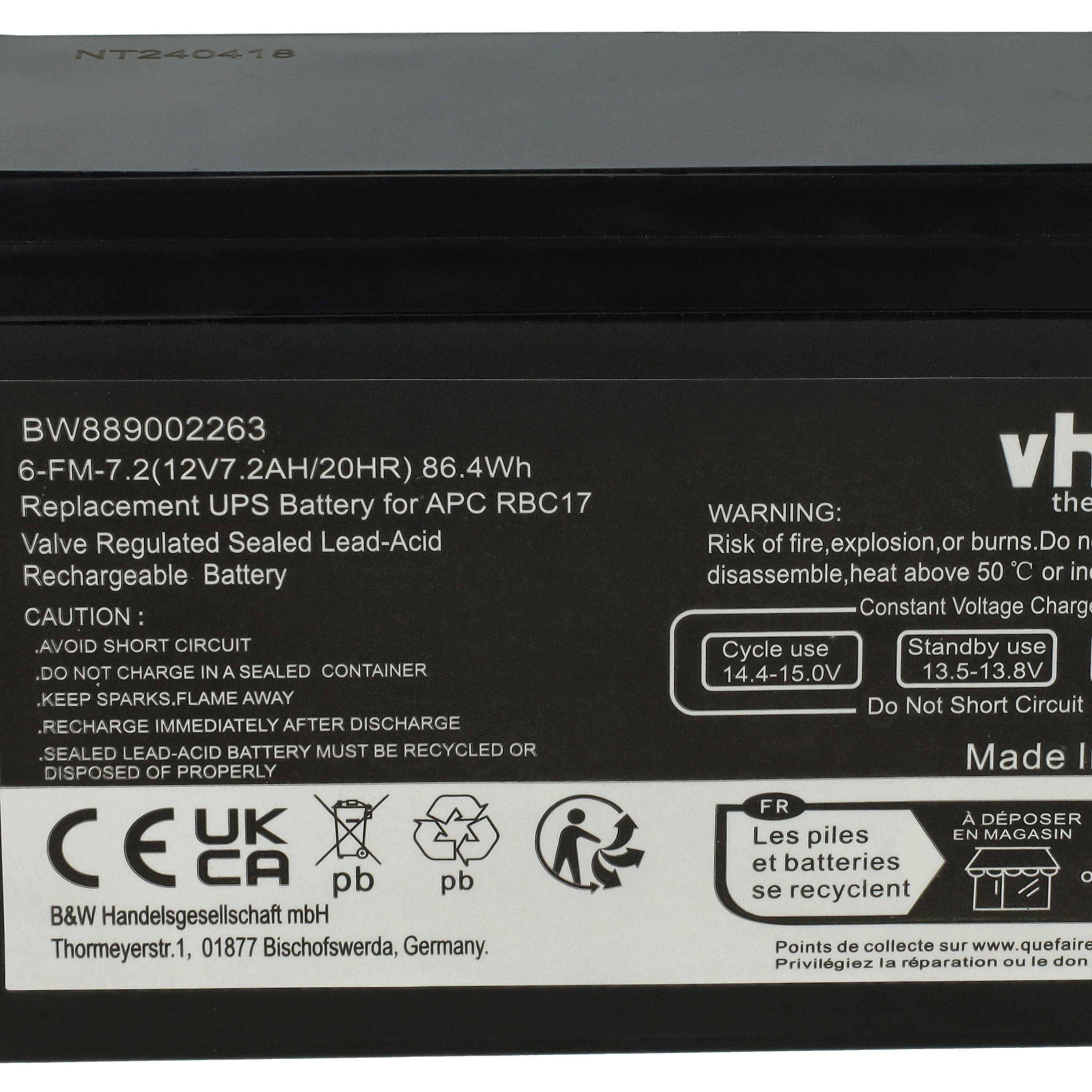 vhbw Akku kompatibel mit APC BE700-SP, DL650T, BE700-UK, BE750G, BE725BB, BE750G-CN, BK650EI, BK650-AS, BP700UC, BN600 USV (7,2 Ah, 12 V, AGM)
