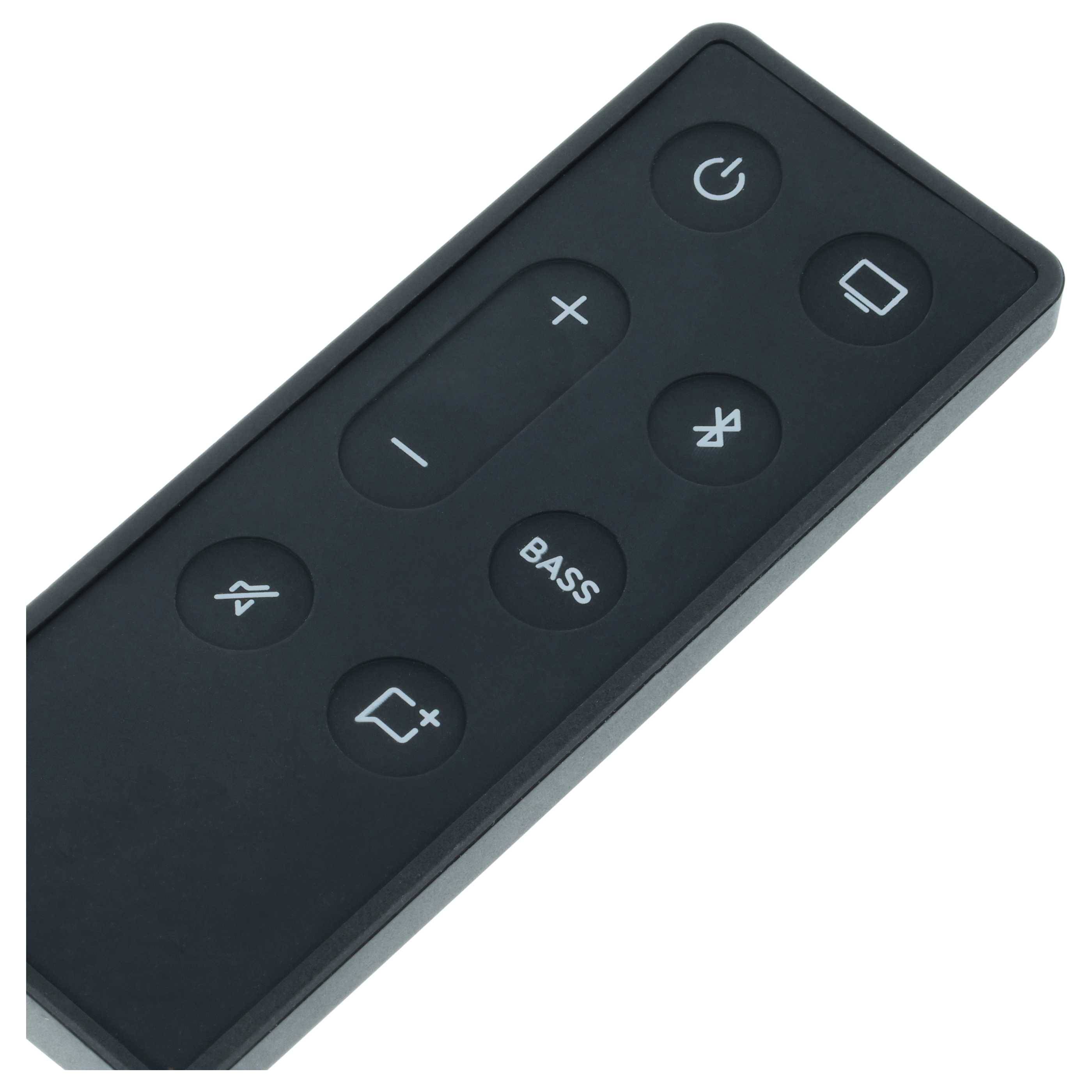 Schwarze Soundbar-Fernbedienung mit Tasten für Stromversorgung, Lautstärke, Stummschaltung, Bass und Audioanpassung
