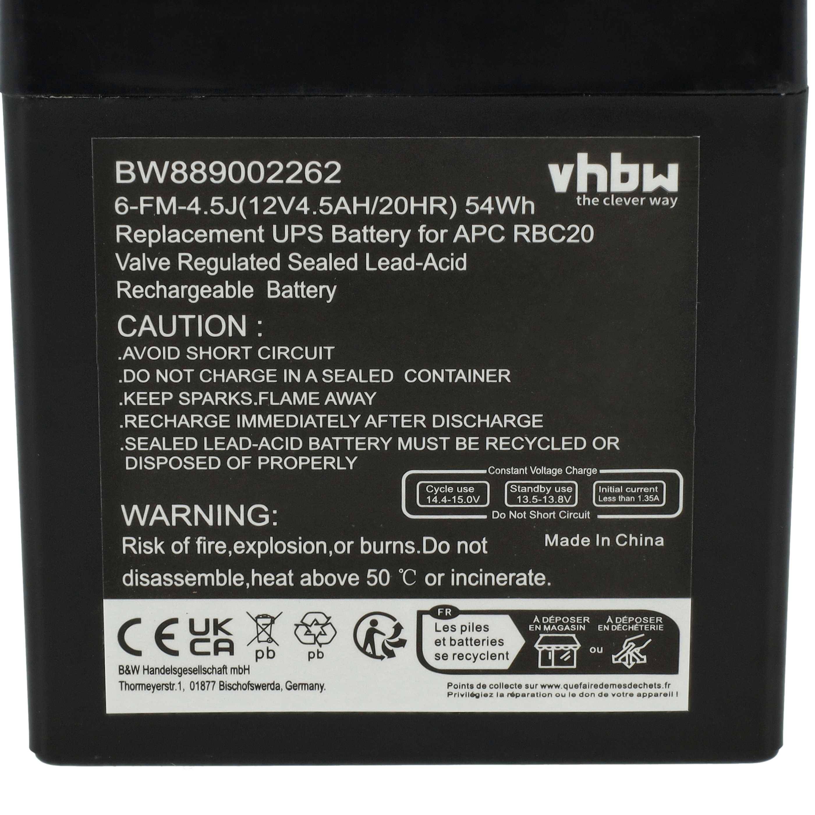 Schwarze Vhbw Ersatz-USV-Batterie-Etikett, Modell BW889002262, mit Sicherheitswarnungen und Spezifikationen für eine 54Wh versiegelte Blei-Säure-Wiederaufladbare Batterie.
