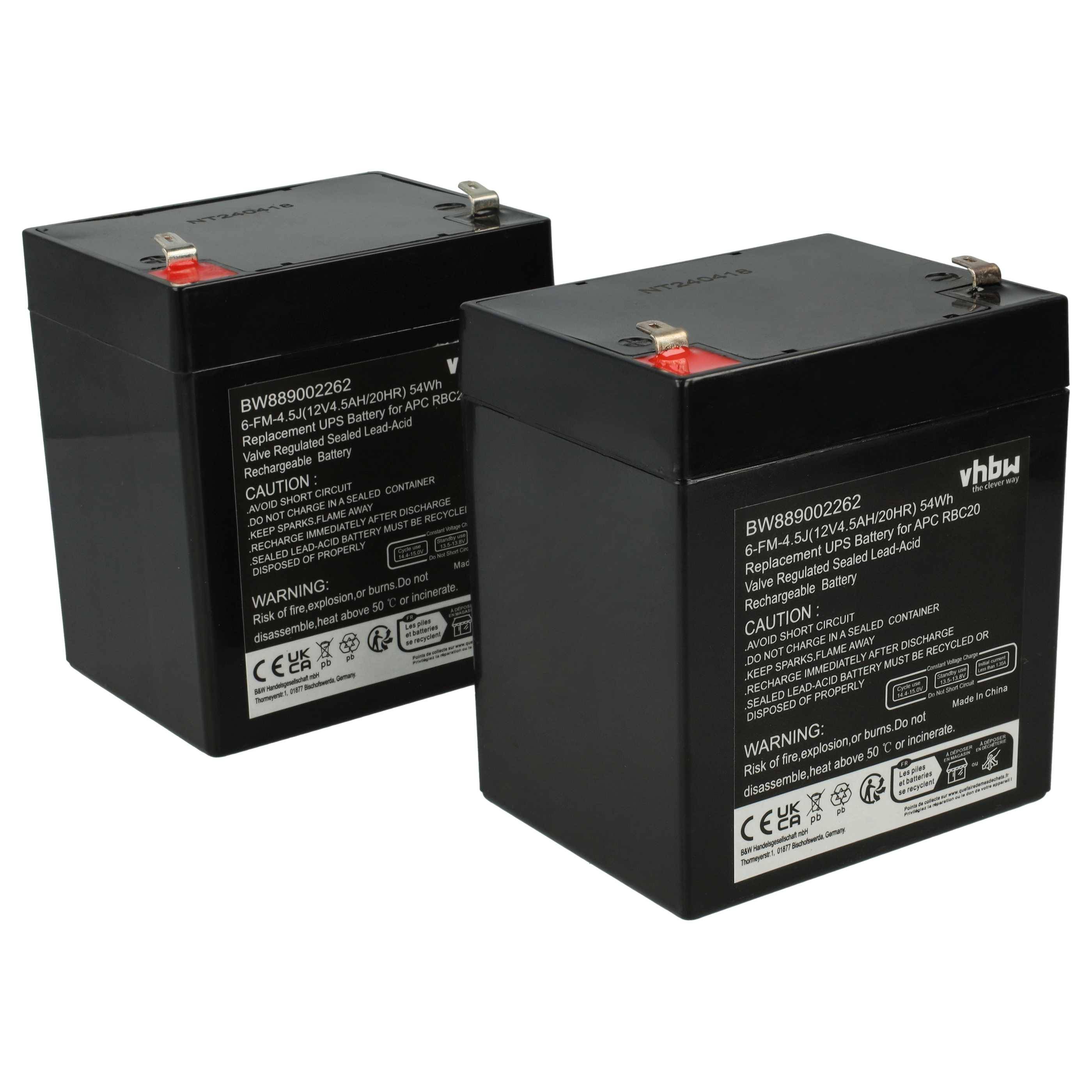 vhbw 2x Akku kompatibel mit APC RBC30, RBC46, RBC43, RT1245, RBC 44 USV (4500 mAh, 12 V, AGM)