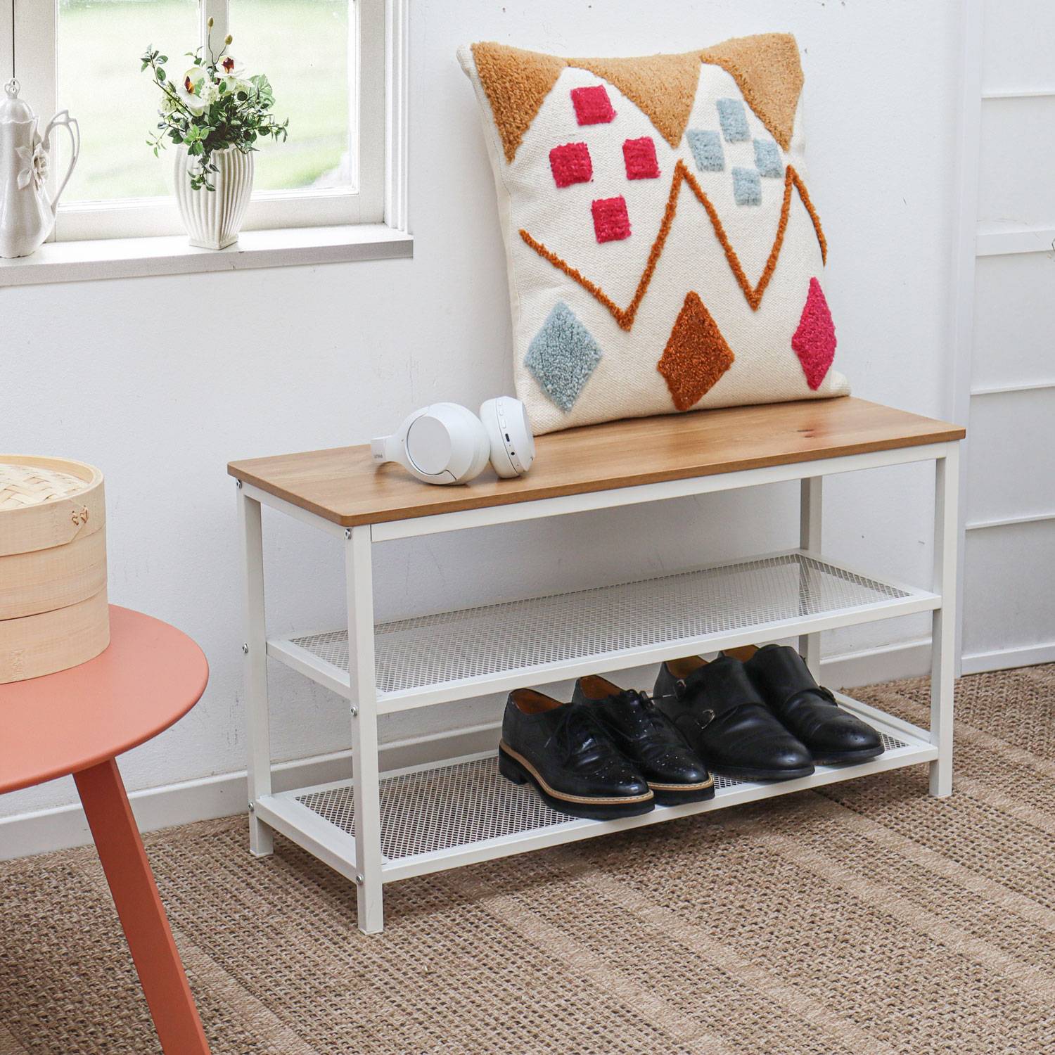 Schuhbank mit Sitzfläche Holz - 80x30x45 Schuhregal Metall - Garderobenbank Flur