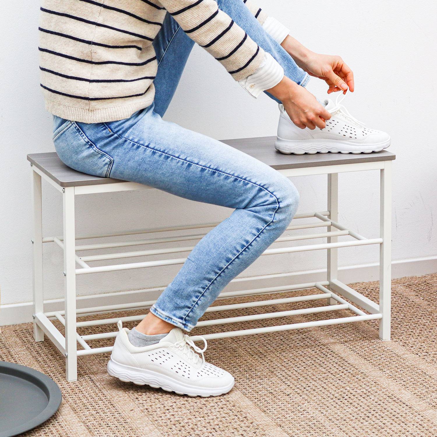 Schuhbank mit Sitzfläche Holz - 80x30x45 Garderobenbank mit Schuhregal und Boxen