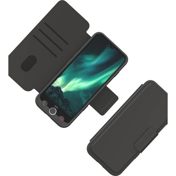 Schwarze Klapphandyhülle, offen und geschlossen um ein Smartphone mit grünem Aurora-Hintergrundbild gezeigt.