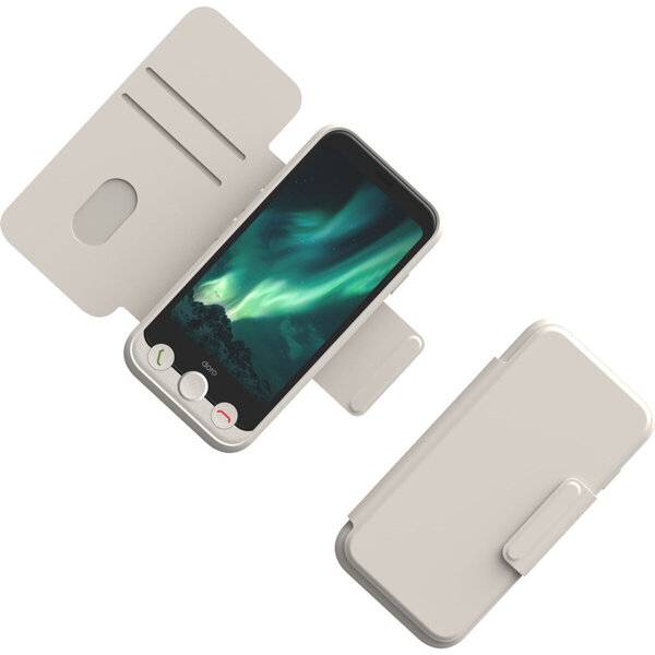 Kompakte beigefarbene Handyhülle mit Klappendeckel und Kartensteckplatz, geöffnet mit einem Smartphone im Inneren und einer separat daneben liegenden Rückseite.