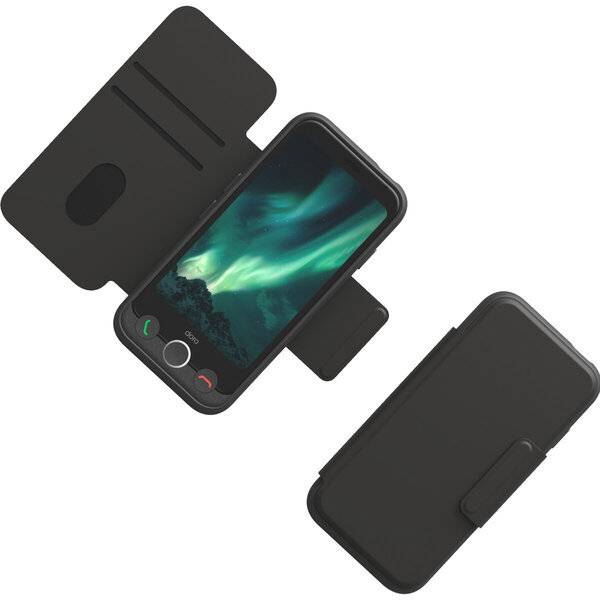 Schwarze Smartphone-Hülle mit aufklappbarem Frontdeckel, geöffnet mit einem Telefon und geschlossen zur Seite auf weißem Hintergrund dargestellt.