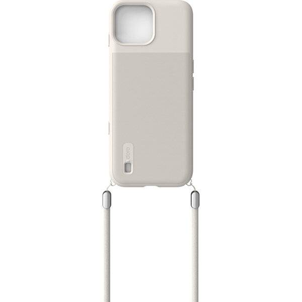 Beigefarbene Smartphone-Hülle mit erhöhtem Kameraausschnitt und abnehmbarem Crossbody-Riemen, der am unteren Ende befestigt ist.