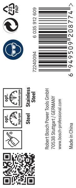 Barcodes und Messskalen mit Beschriftungen 'opt. mittlere U/min' und 'opt. hohe U/min', mit 'Edelstahl' Text. Hersteller: Bosch Power Tools GmbH.