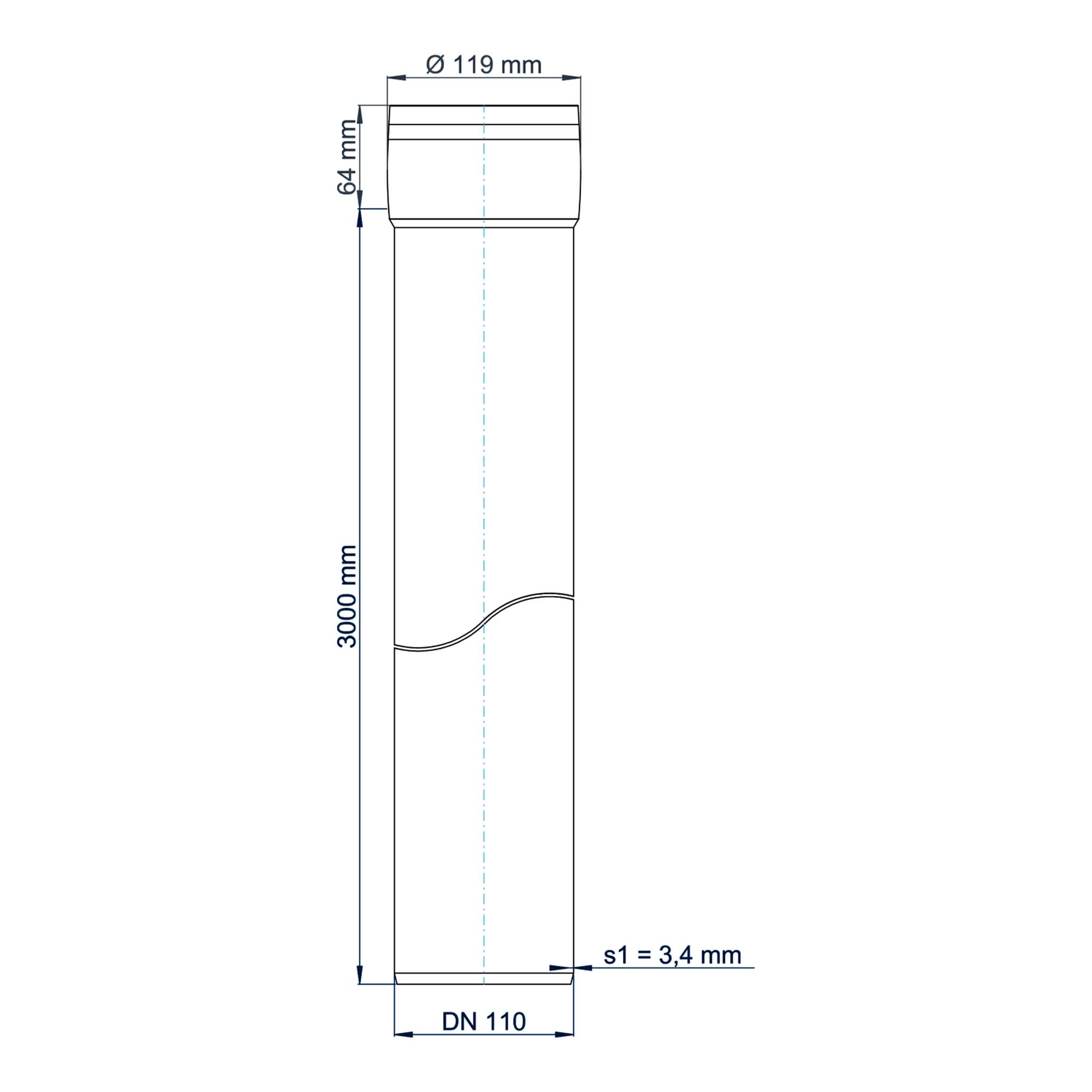 Technisches Diagramm eines vertikalen zylindrischen Rohrabschnitts mit der Bezeichnung DN 110, 3000 mm Länge, 119 mm Oberflächendurchmesser und 3,4 mm Wandstärke.