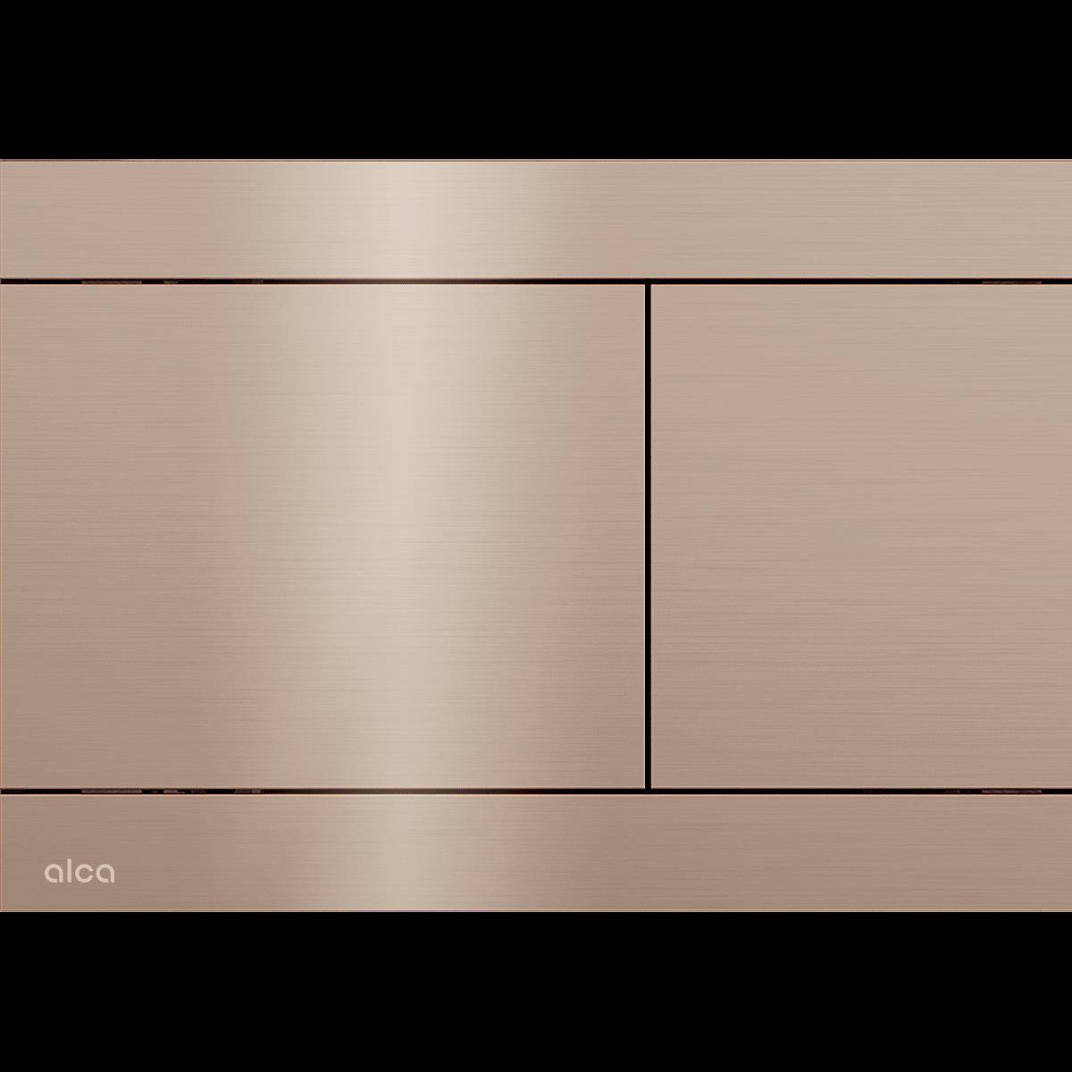 Minimalistische beige Wand mit zwei großen rechteckigen Paneelen, die durch dünne dunkle Fugen begrenzt sind, mit kleinem 'alca'-Text unten links.