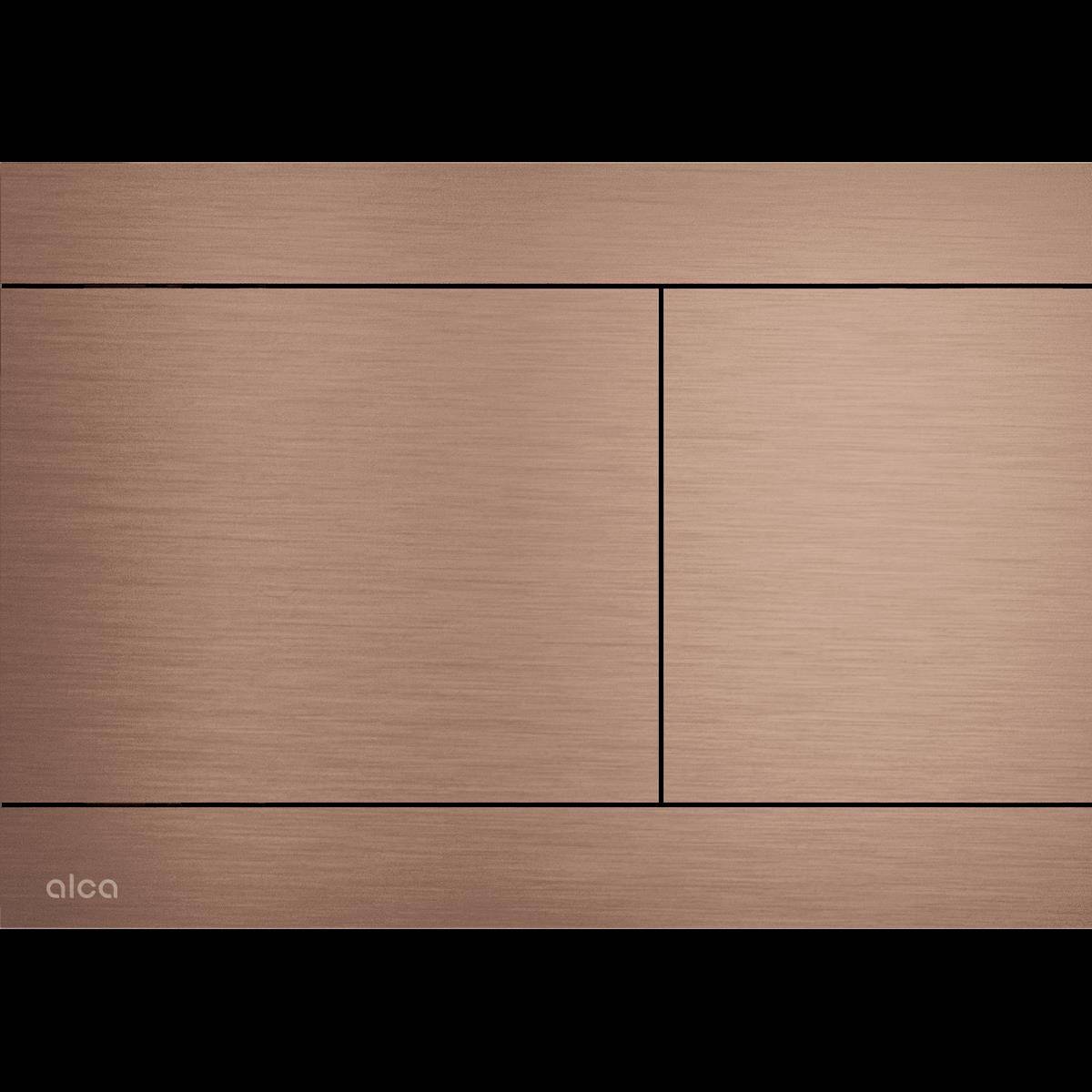 Gebürstete Bronzeschranktür mit zwei rechteckigen Feldern und schmalen schwarzen Fugen, vor schwarzem Hintergrund dargestellt.