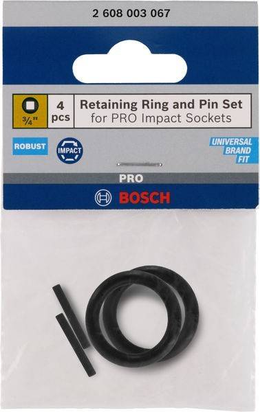Sicherungsring und Stift-Set für PRO-Schlagschraubereinsätze, 4 Stück, Größe 3/4 Zoll. Universelle Passform, robuste Konstruktion, in Bosch-Verpackung.