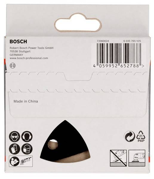 Ein Bosch Elektrowerkzeug-Verpackung, die sein Design mit Symbolen für Funktionen zeigt. Text oben enthält Markendetails und 'Made in China'.