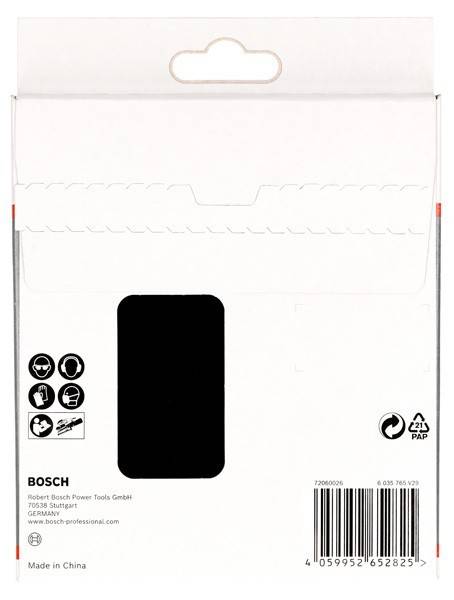 Die Rückseite einer Bosch-Produktverpackung mit dem Bosch-Logo, Produktzertifizierungsikonen und der Firmenadresse in Stuttgart, Deutschland.