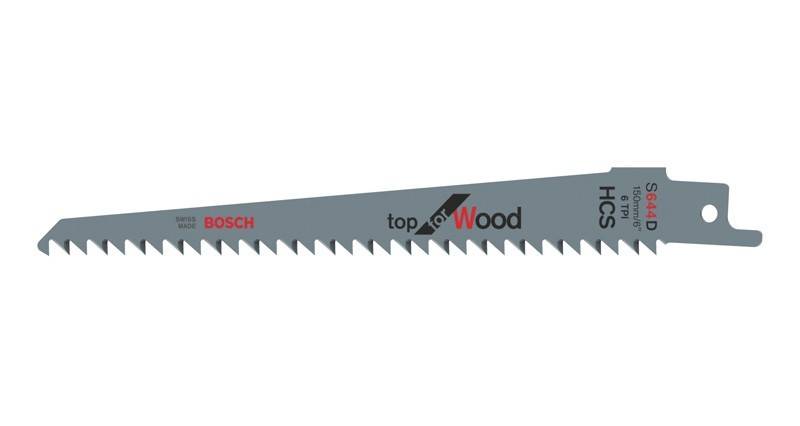 Ein Bosch 'top for Wood' Sägeblatt für Säbelsägen mit gezahnter Schneidkante zum Holzschneiden.
