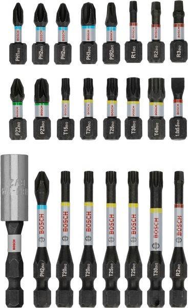 Verschiedene Bosch-Schraubendreherbits und ein magnetischer Bithalter, angeordnet in Reihen mit gekennzeichneten Größen und Typen einschließlich Phillips-, Torx- und Schlitzbits.