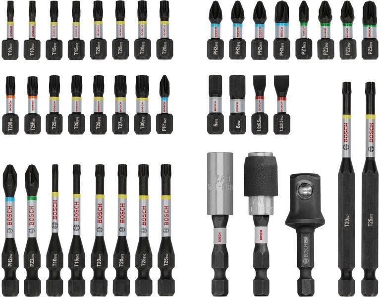 Assortierte Bosch-Schraubendreher- und Schlagschrauber-Bits und Verlängerungen in Reihen auf weißem Hintergrund angeordnet, beschriftet nach Typ und Größe.
