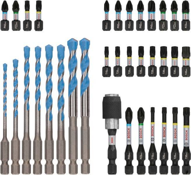 Assortierte Schraubendreheraufsätze und Bohraufsätze mit blauer Spitze, die in Sets präsentiert werden, einschließlich eines magnetischen Bithalters, auf weißem Hintergrund.