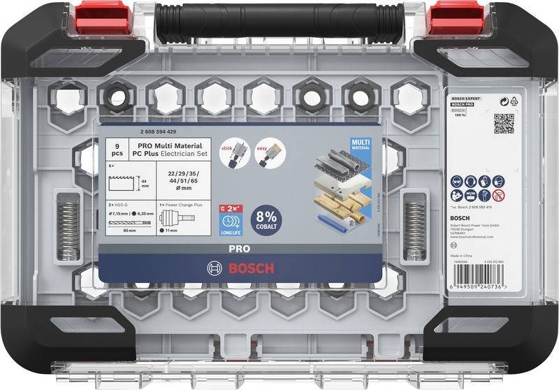 Bosch Pro Multi-Material Bohrbitset mit 9 Teilen, Details umfassen Bohrlochdurchmesser von 22, 23, 25 mm und Schlüsselmerkmale wie 8% Kobaltanteil.