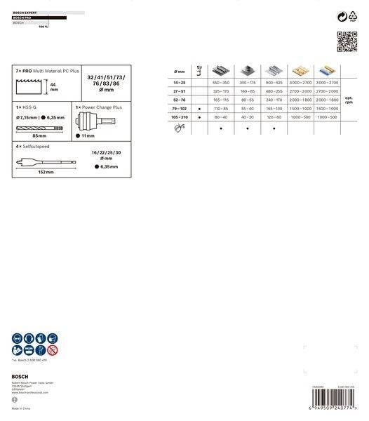 Sägeblattspezifikationen und Maßtabelle für Bosch. Enthält Größen für verschiedene Materialien mit detaillierten Messungen und Teile-Symbolen.