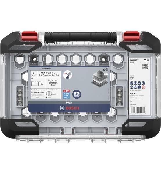 Bosch Pro Blechbearbeitungs-PVC-Klempnerset in einer klaren, robusten Koffer mit einem beschrifteten Einsatz, der die Bohrerlochgrößen 20/25/32 mm, mit 8% Kobalt zeigt.