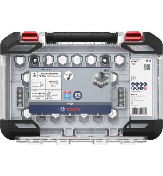 Eine transparente Kunststoffbox, die Bosch Pro Metallblech- und Aluminium-Schneidezubehör enthält, mit einer Etikette, die Werkzeugdetails, Satzanzahl und Logo zeigt.