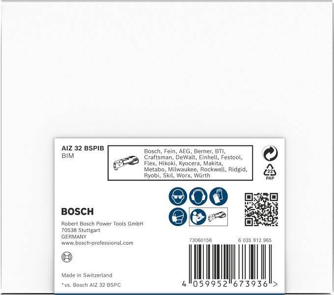 Eine rechteckige Ersatzwerkzeugklinge-Verpackungsetikette zeigt kompatible Marken und verschiedene Symbole mit einem QR-Code und Barcode.