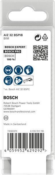 Bosch Multitool-Zubehörpaket mit Sicherheitsikonen für Schutzbrille, Gehörschutz, Handschuhe und sachgemäße Handhabung auf dem Etikett.