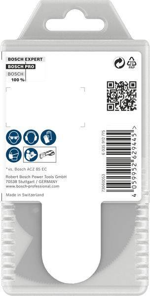 Produktverpackung mit einem QR-Code, Barcode und Sicherheitssymbolen für Augen-, Ohr- und Handschutz. Text enthält 'Bosch' und Kontaktinformationen.