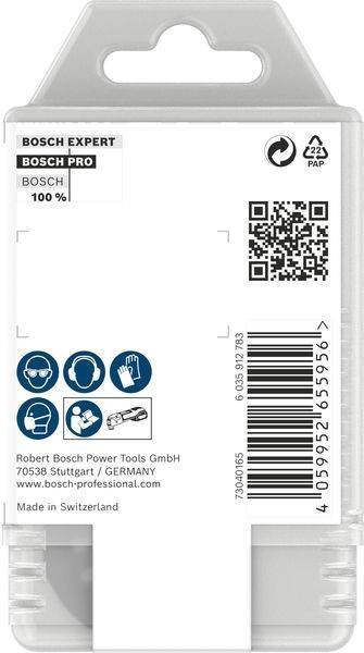 Verpackung für Bosch Elektrowerkzeuge mit Produktinformationen, Barcode und QR-Code. Enthält Sicherheitssymbole für Augen- und Gehörschutz.