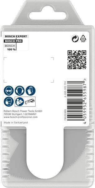 Bosch-Bohrmaschinen-Verpackung mit QR-Code, Produktinformationen und Symbolen für Schutzausrüstung: Helm, Schutzbrille, Handschuhe. Hergestellt in der Schweiz.