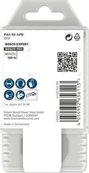 BOSCH EXPERT BOSCH PRO' Verpackungsetikett mit QR-Code, Sicherheitssymbolen für Gehör-, Augen- und Handschutzausrüstung. 'Made in Switzerland'.
