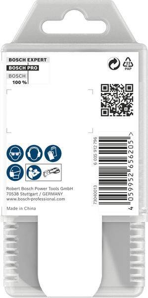 Verpackung von Bosch mit Sicherheitssymbolen für Augen-, Ohren- und Handschutz, einem Barcode und Firmendetails: Robert Bosch Power Tools GmbH, Deutschland.