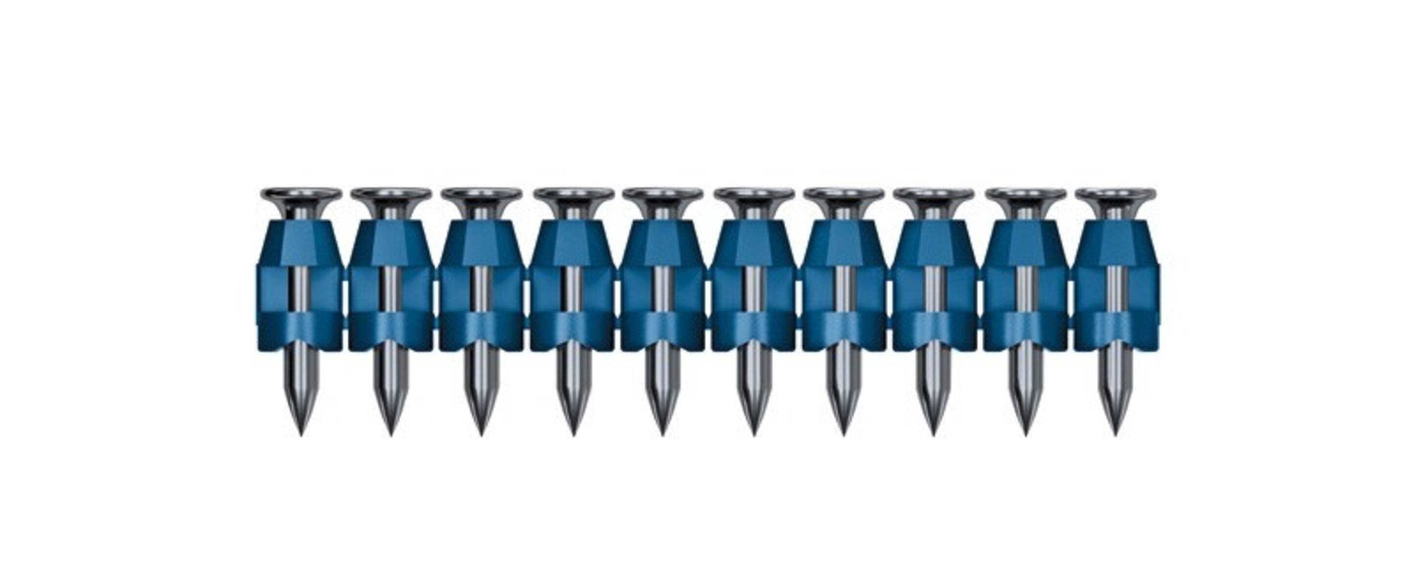 Reihe von blauen Metallbohrern nebeneinander auf weißem Hintergrund ausgerichtet.
