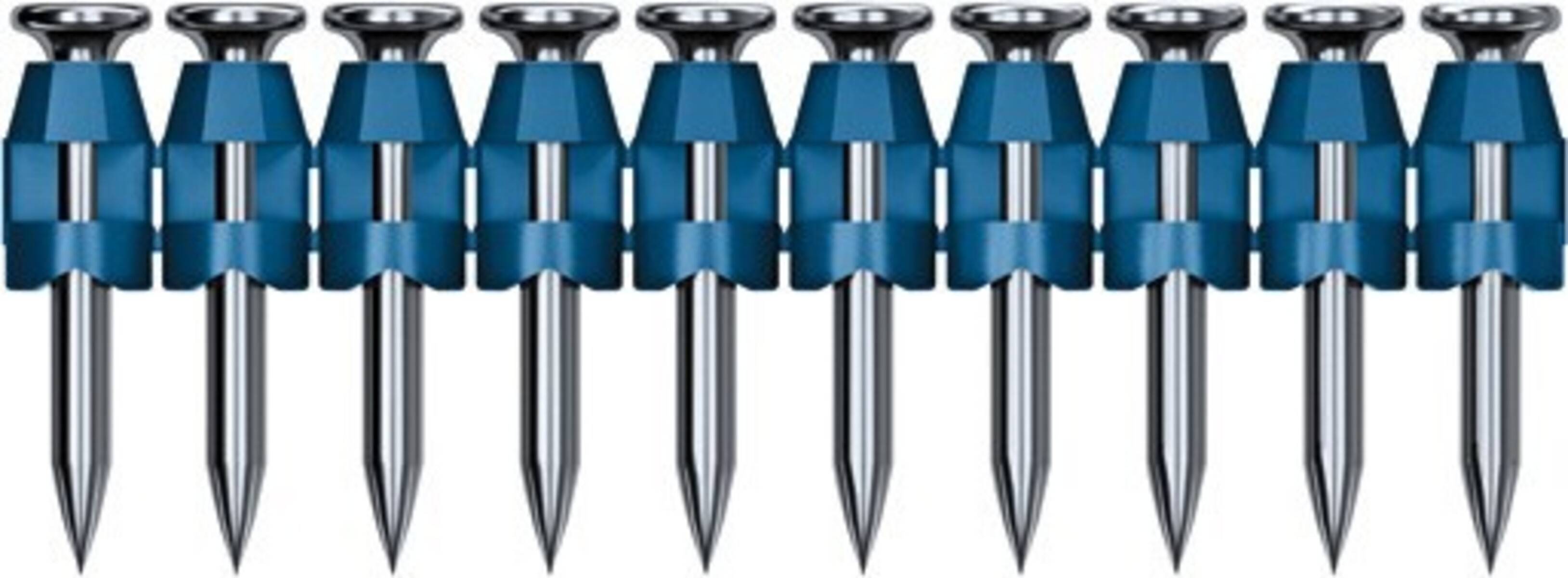 Reihe von elf blau-silbernen Baunägeln nebeneinander angeordnet, dargestellt als produktstilbild.