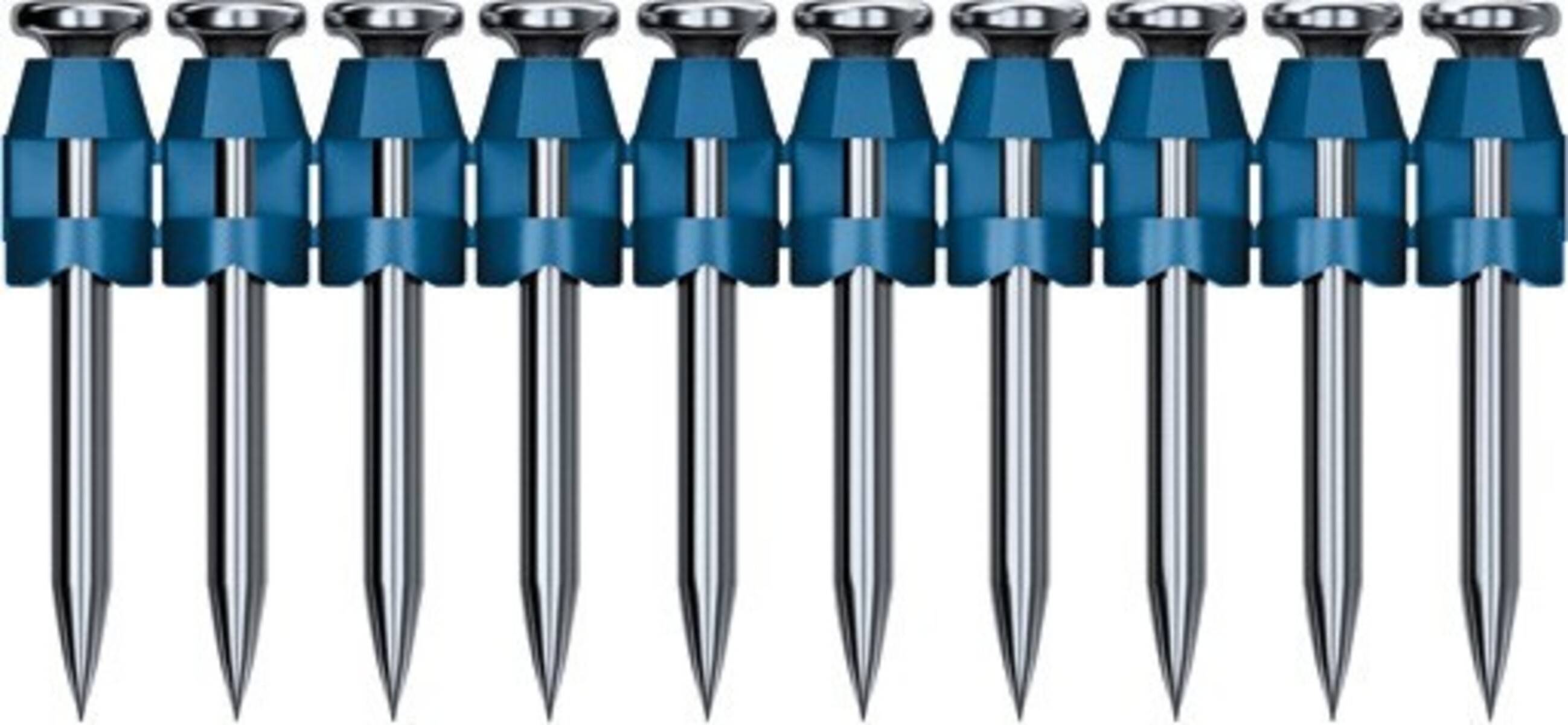 Reihe von blauen Metalldachnägeln mit silbernen Köpfen und scharfen spitzen Enden nebeneinander angeordnet.