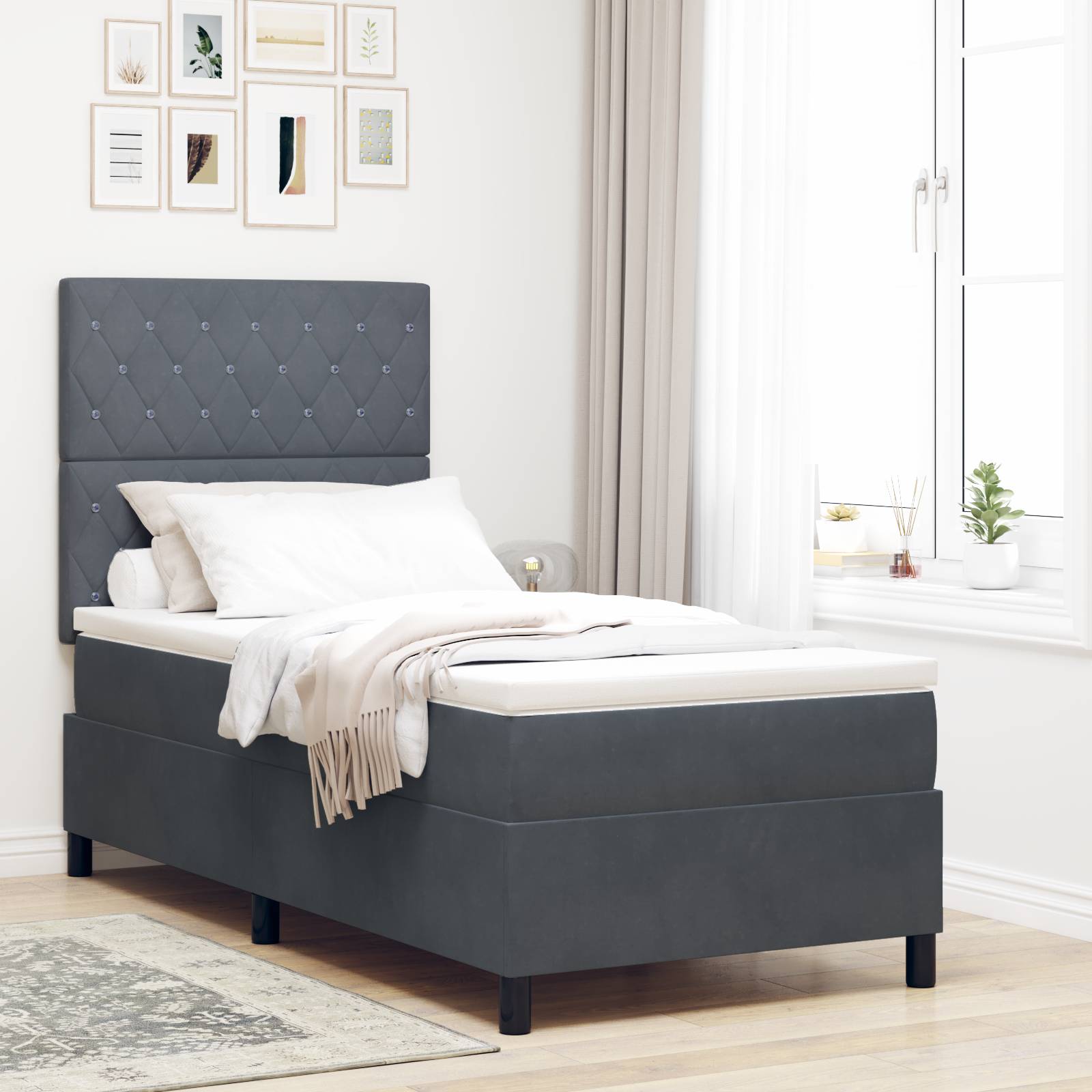 vidaXL Boxspringbett mit Matratze und LED Dunkelgrau 90x190 cm Samt