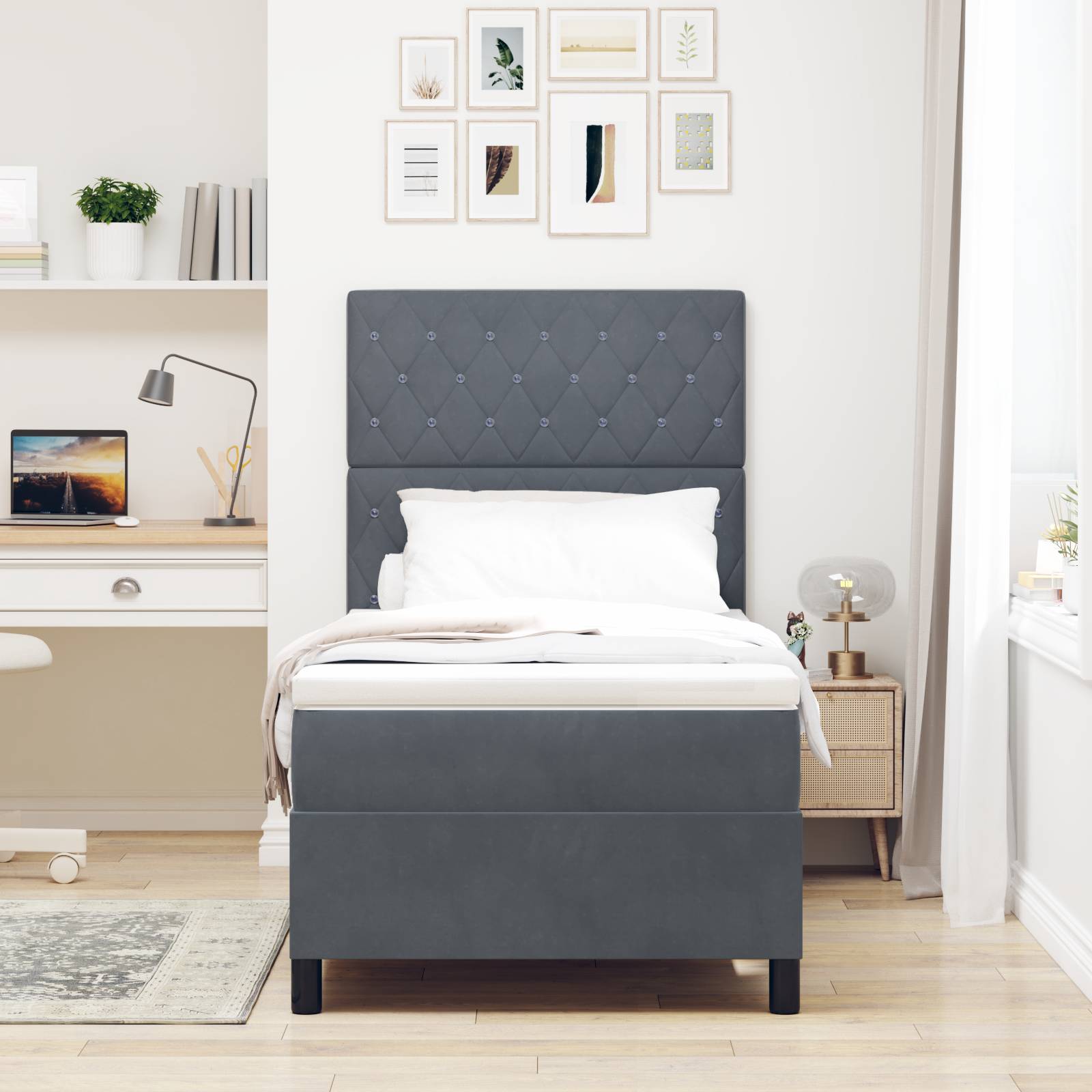 vidaXL Boxspringbett mit Matratze und LED Dunkelgrau 90x190 cm Samt