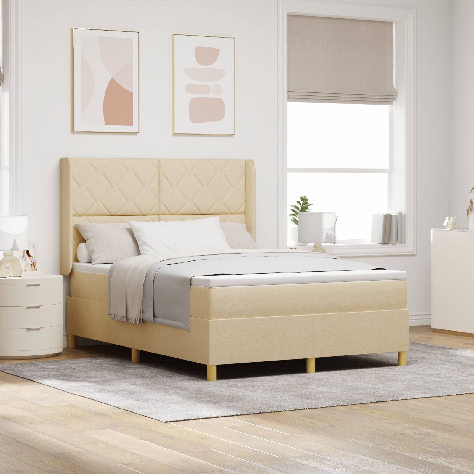 vidaXL LED Boxspringbett mit Matratze Creme 140x200 cm Stoff