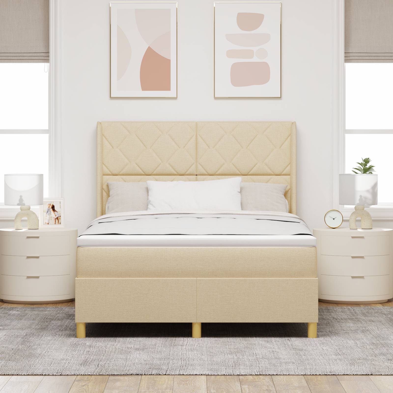 vidaXL LED Boxspringbett mit Matratze Creme 140x200 cm Stoff