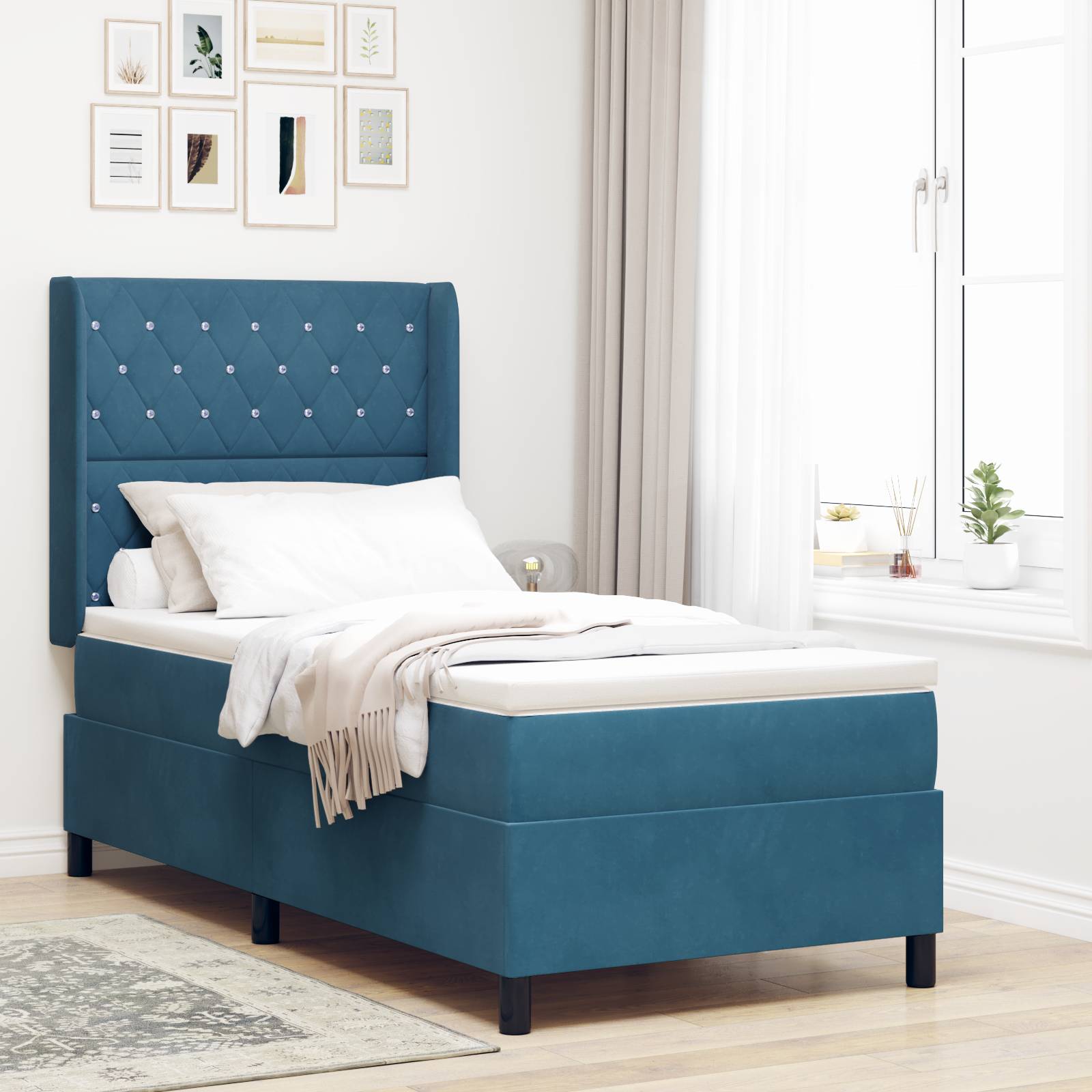 vidaXL LED Boxspringbett mit Matratze Dunkelblau 90x200 cm Samt