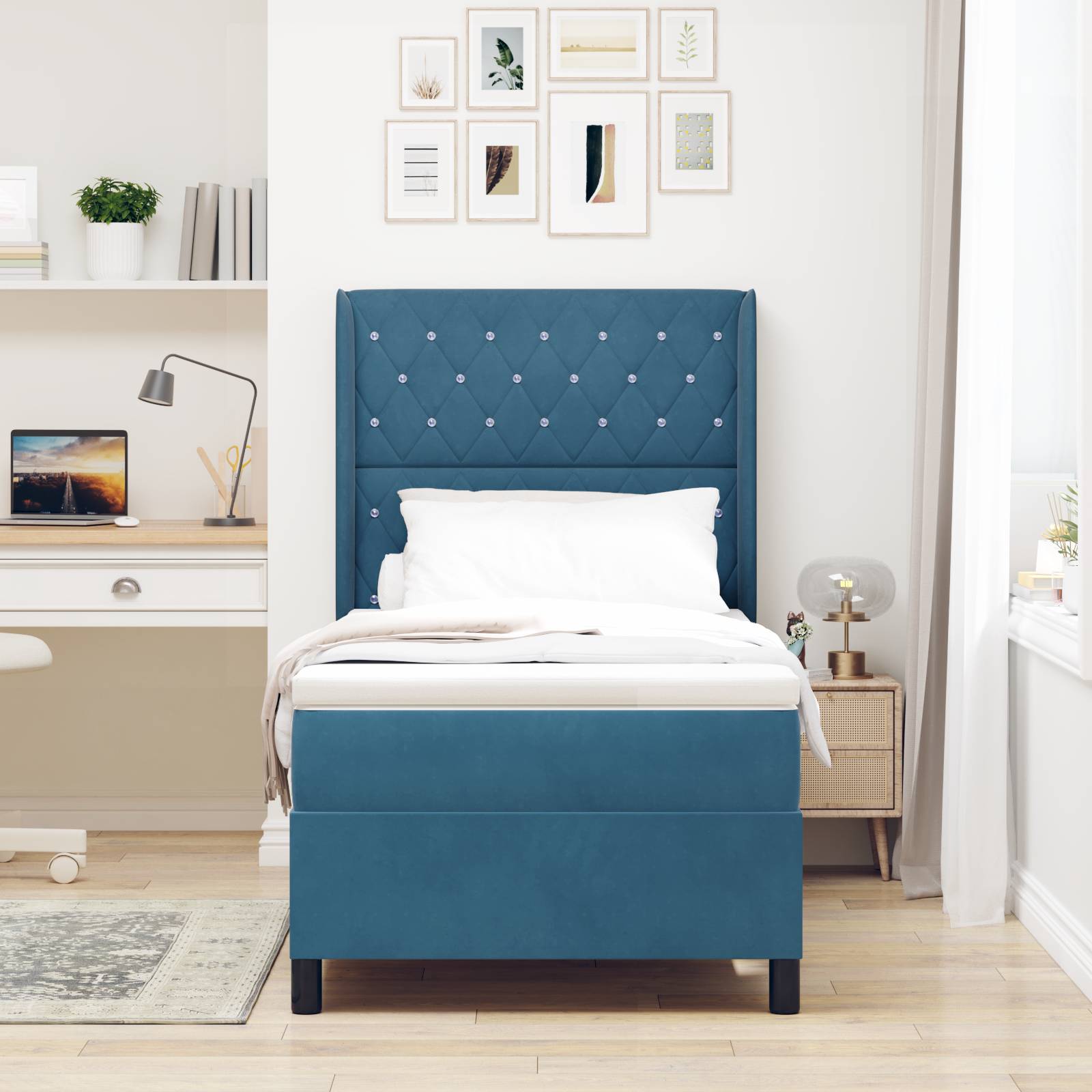 vidaXL LED Boxspringbett mit Matratze Dunkelblau 90x200 cm Samt