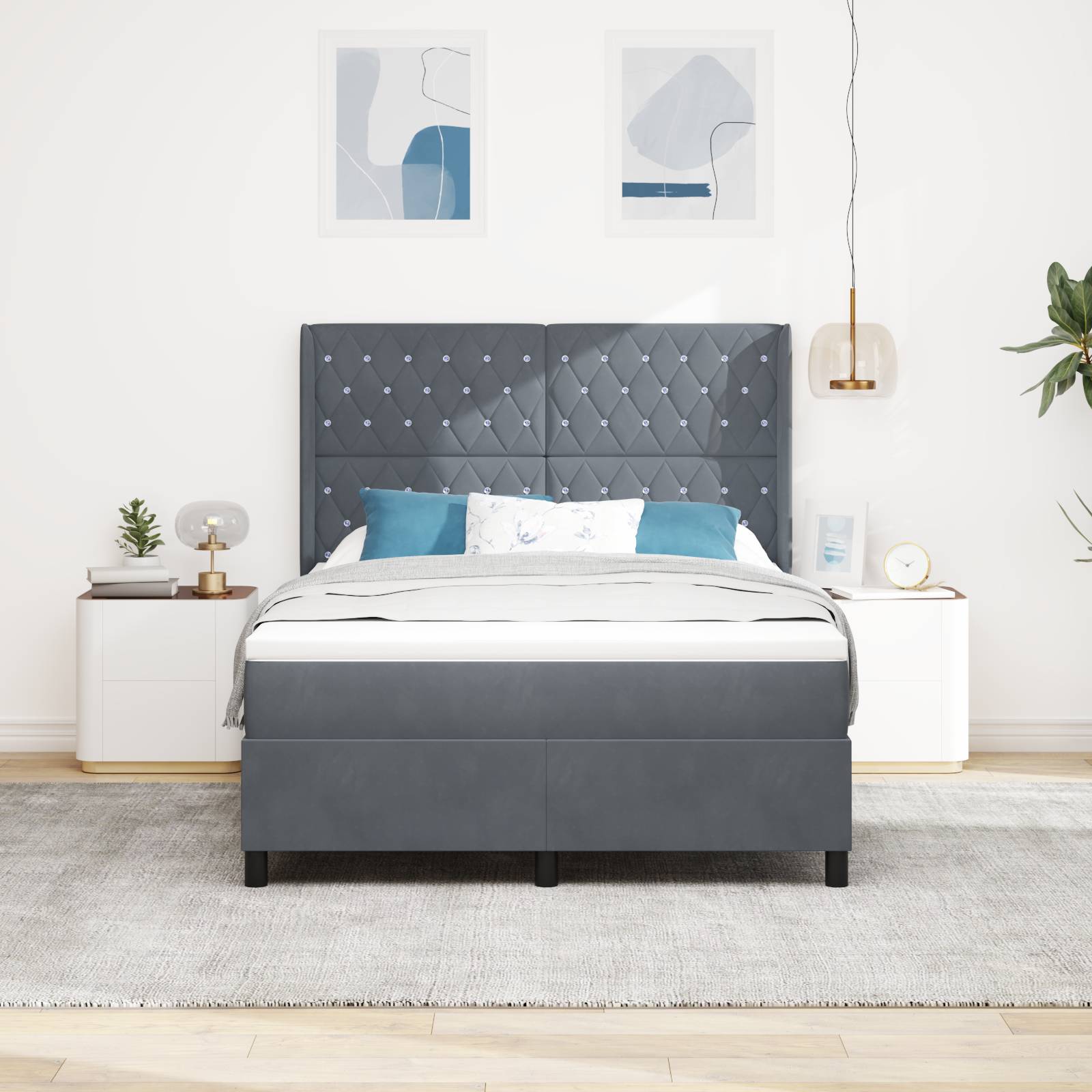 vidaXL LED Boxspringbett mit Matratze Dunkelgrau 140x200 cm Samt