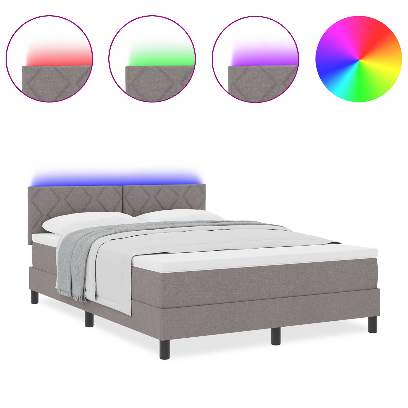 vidaXL LED Boxspringbett mit Matratze Taupe 160x200 cm Stoff