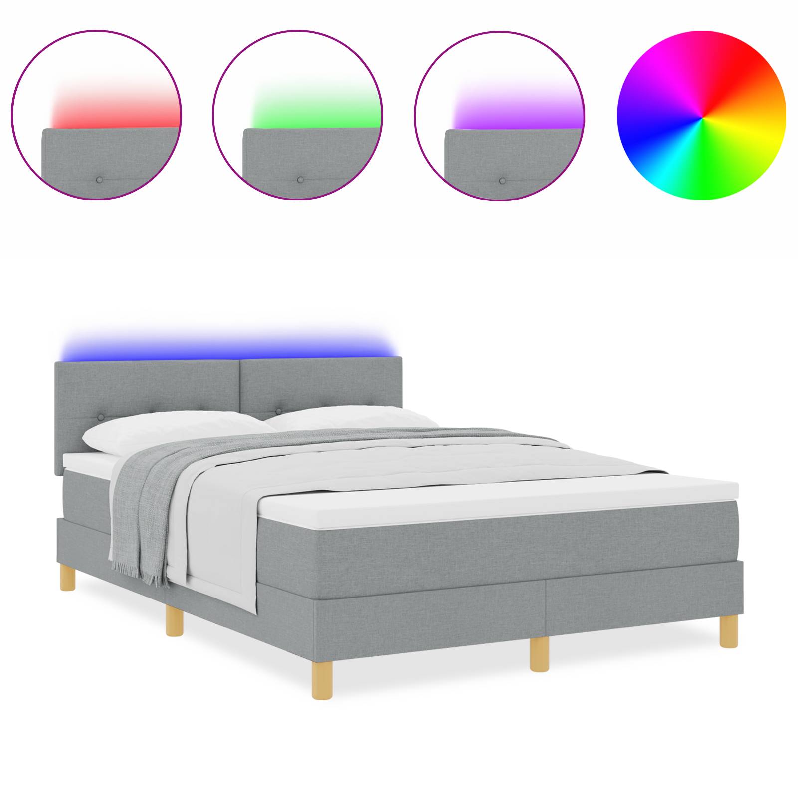 vidaXL LED Boxspringbett mit Matratze Hellgrau 160x200 cm Stoff
