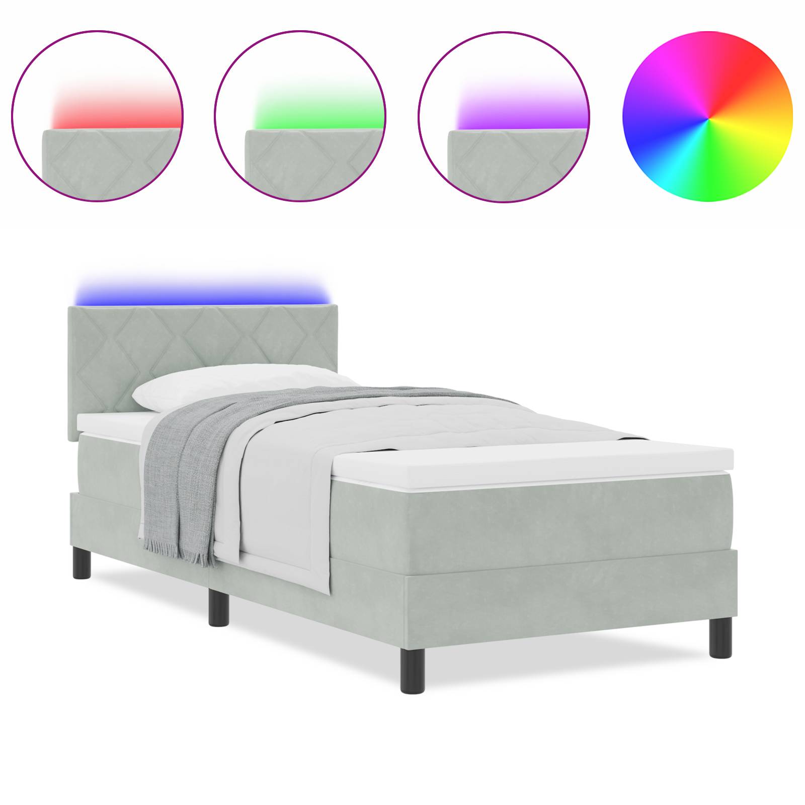 vidaXL Boxspringbett mit Matratze &amp; LED Licht Hellgrau 100x200 cm Samt