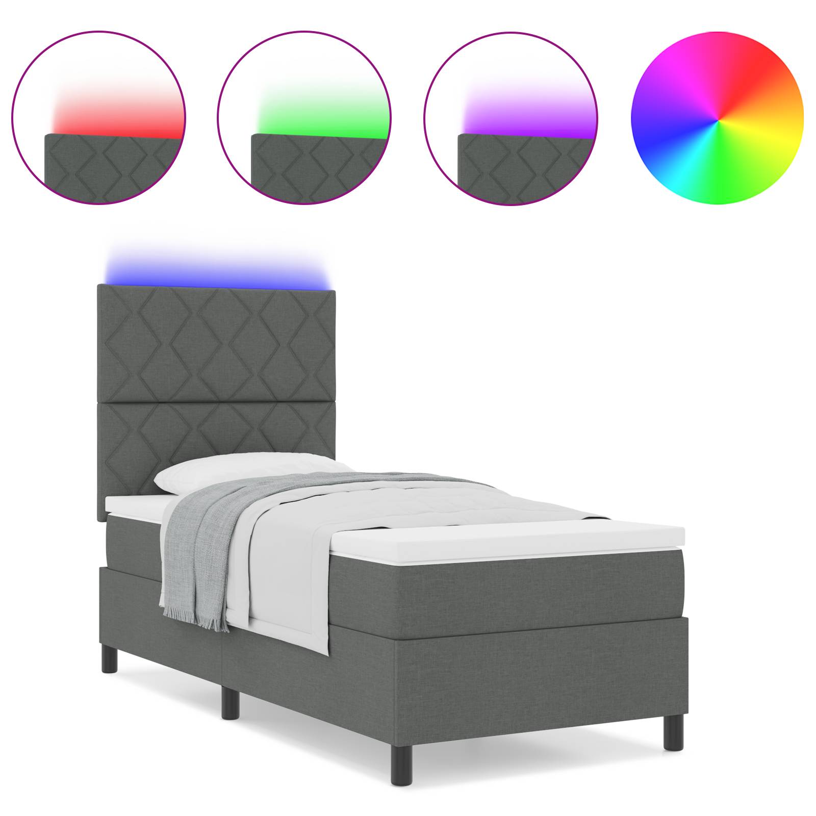 vidaXL Boxspringbett mit Matratze & LED in Dunkelgrau, 90 x 190 cm, Stoff.