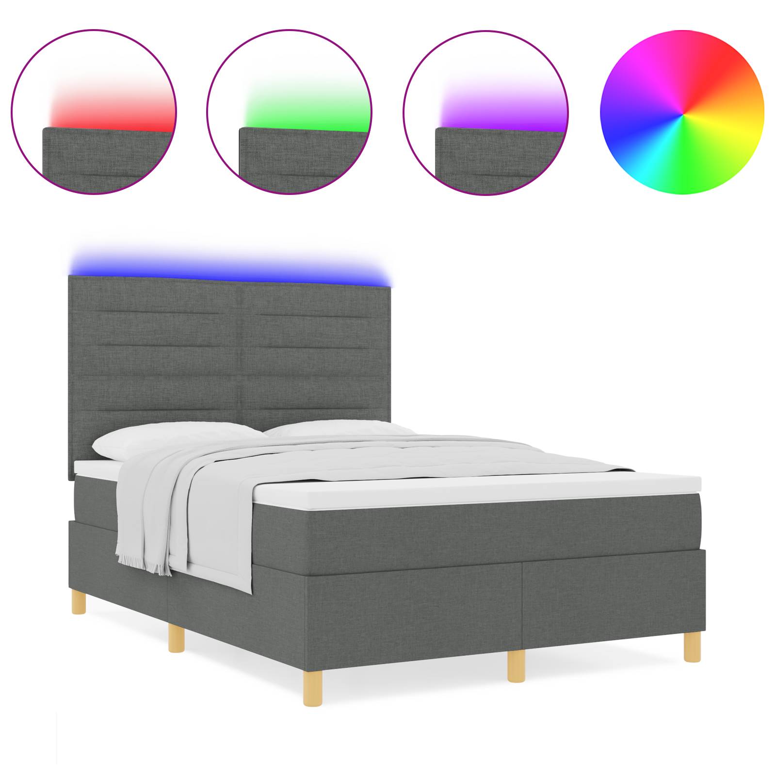 vidaXL LED Boxspringbett mit Matratze Dunkelgrau 140x200 cm Stoff