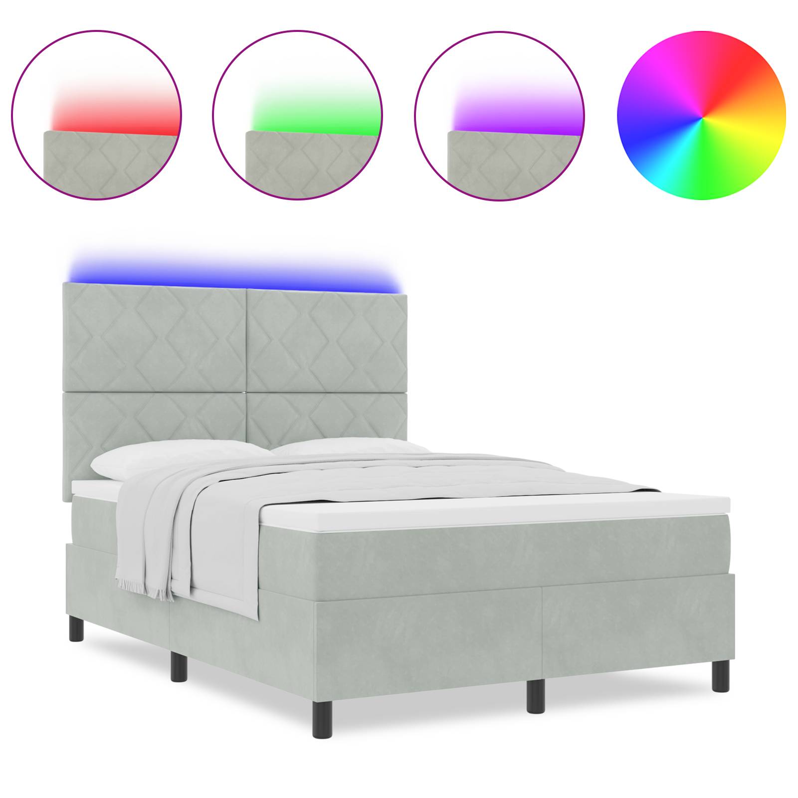 vidaXL LED Boxspringbett mit Matratze Hellgrau 140x190 cm Samt